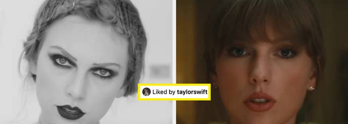 Split image: Left, Taylor Swift with headpiece; right, close-up of Taylor Swift. Instagram-like heart and "Liked by taylorswift" on bottom