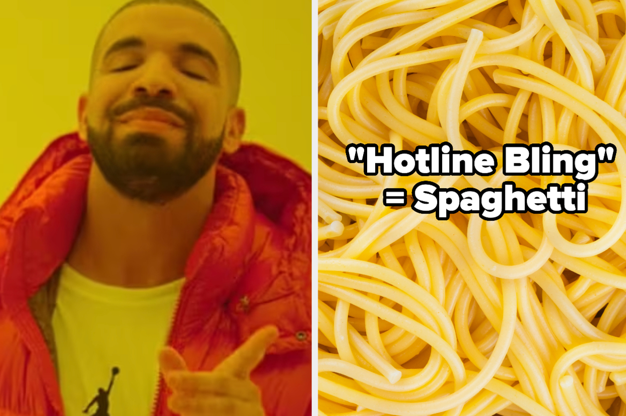 Drake smiling in a music video next to text comparing "Hotline Bling" to spaghetti