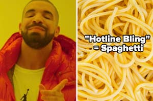 Drake smiling in a music video next to text comparing "Hotline Bling" to spaghetti