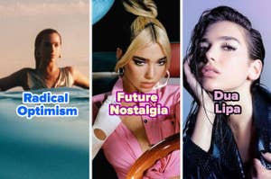 Tres portadas de álbumes con: hombre nadando, mujer con coleta rubia y mujer con chaqueta negra, titulares "Radical Optimism", "Future Nostalgia", "Dua Lipa"
