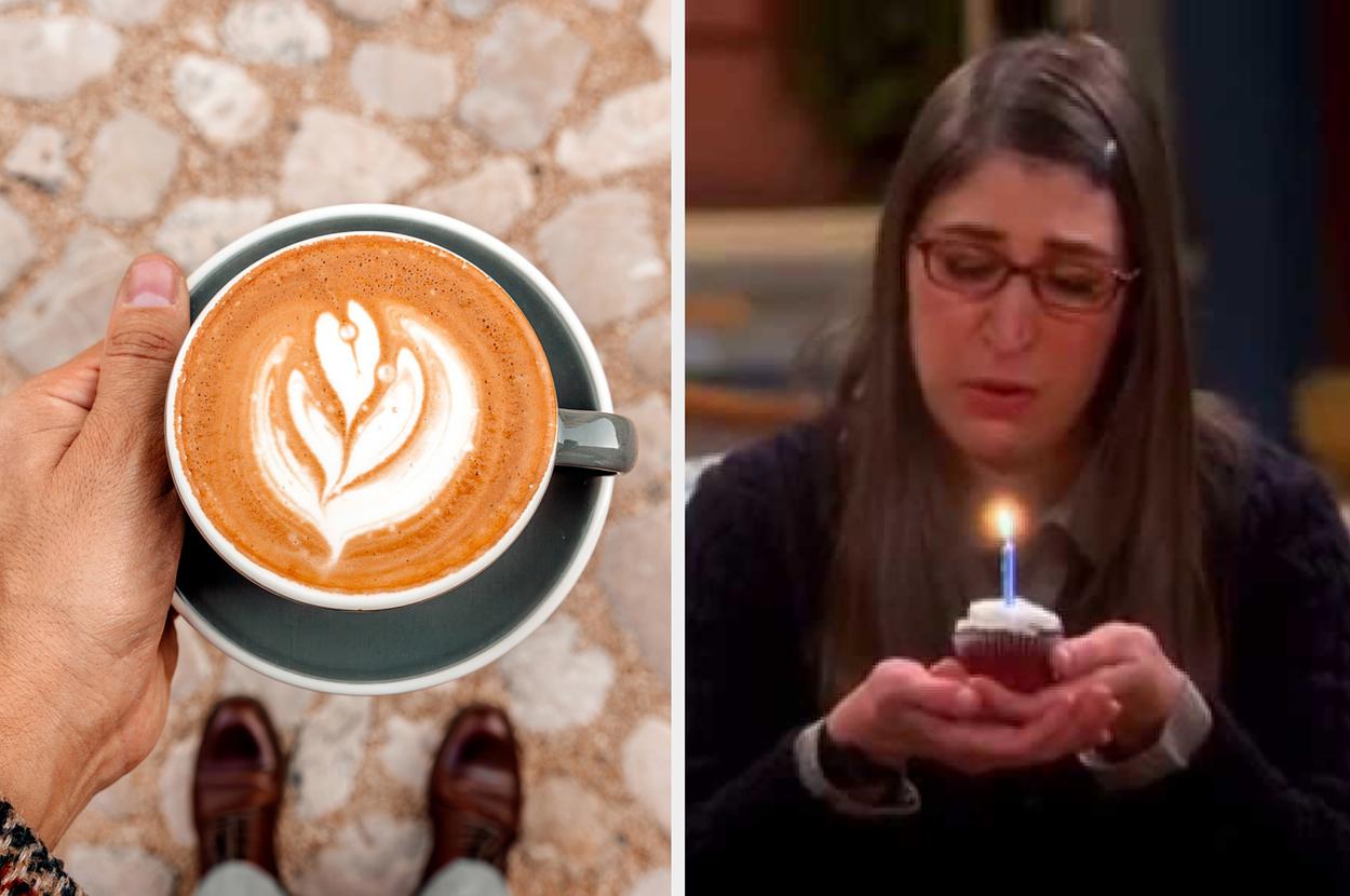 Hand holding a coffee cup with latte art; Amy from "Big Bang Theory" holding a cupcake with a lit candle