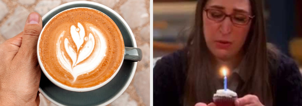 Hand holding a coffee cup with latte art; Amy from "Big Bang Theory" holding a cupcake with a lit candle