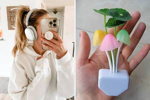 Person wearing wireless headphones; second image shows hand holding a plant-shaped light