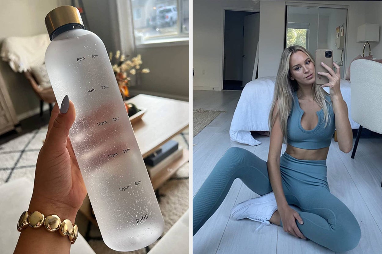 Person holding a water bottle with time markers; second image shows person in workout gear taking a mirror selfie