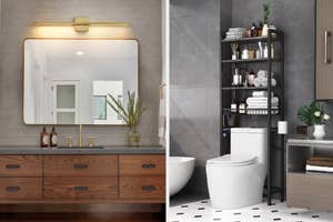 Modern bathroom interior with a vanity and mirror on the left, and toilet with black shelving unit on the right