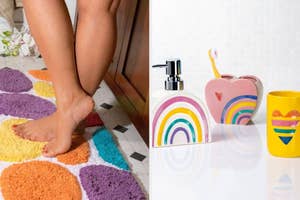 Person stepping onto a colorful bath mat next to bright bathroom accessories