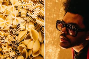 A split image with assorted pasta shapes on the left and musician The Weeknd on the right, wearing sunglasses