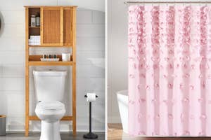 Bathroom with a wooden cabinet and white fixtures; adjacent image of a pink shower curtain with floral patterns