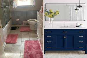 Bathroom with pink bath mats on left, and updated blue vanity with mirror and lighting on the right