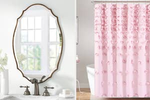 Elegant bathroom setting with a vintage-style mirror above the sink and a pink floral shower curtain above tub on the right
