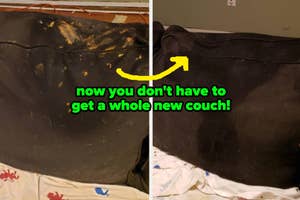 a reviewer's couch with gross stains on it and after clean "now  you don't have to get a whole new couch"