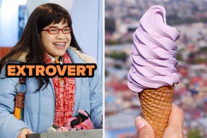 On the left, America Ferrera smiling as Betty on Ugly Betty with extrovert typed under her chin, and on the right, someone holding a soft serve lavender ice cream cone