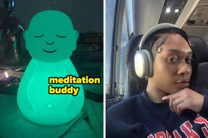 Split images: left shows a meditation aid device; right, a person wearing headphones, suggesting a mindfulness app trial