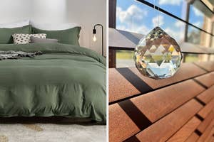 Left: A neatly-made bed with a green duvet cover. Right: Close-up of a crystal dangling above wooden deck slats