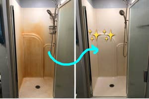 a reviewer's shower before with orange stains and after all clean