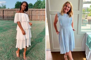 reviewer posing in white ruffled tiered midi dress and reviewer posing in blue ruffle-sleeve lace cocktail dress