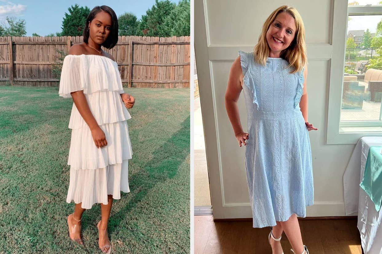 reviewer posing in white ruffled tiered midi dress and reviewer posing in blue ruffle-sleeve lace cocktail dress