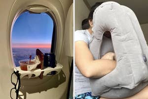 Travel pillow in use, person napping upright with face covered by pillow