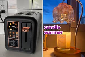 A modern toaster with digital controls next to an elegant candle warmer with a lit candle
