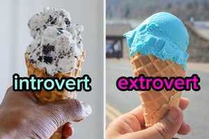 On the left, someone holding a cookies and cream ice cream cone labeled introvert, and on the right, someone holding a cotton candy ice cream cone labeled extrovert