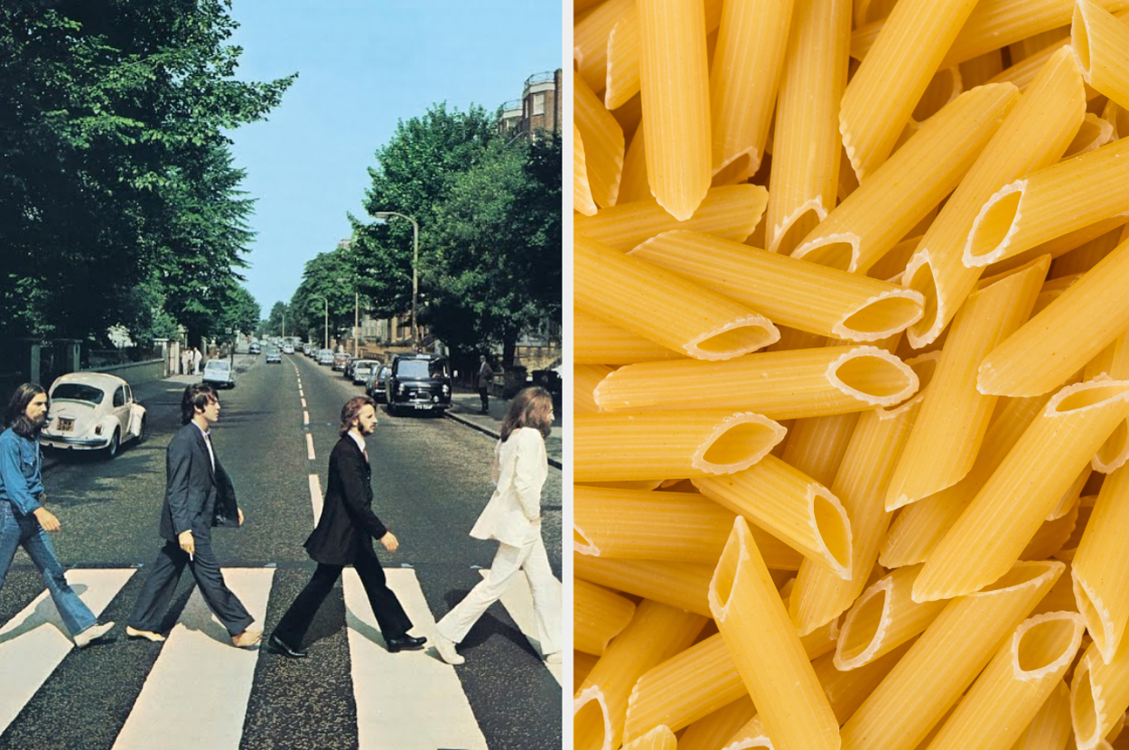 Left: The Beatles crossing Abbey Road. Right: Close-up of uncooked penne pasta