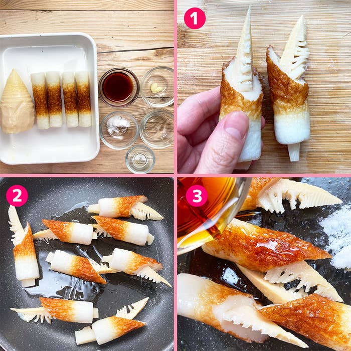 手作りするおつまみの工程を写した4枚の画像です。