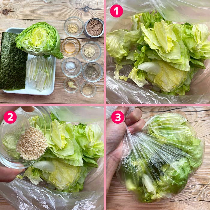 レタスの調理手順を示す画像。材料の準備、レタスにドレッシングをかける、混ぜる、ビニール袋で揉む工程。