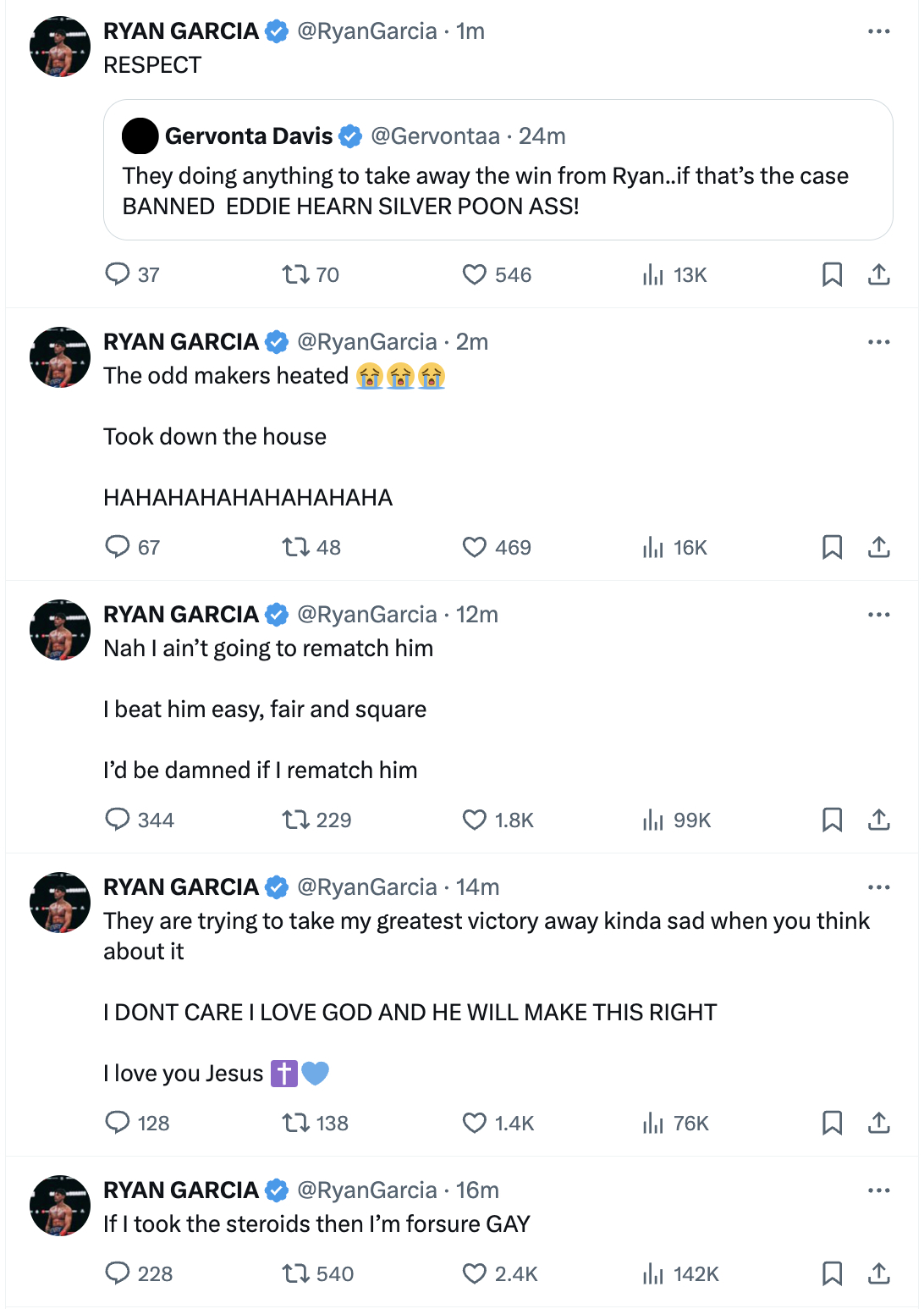 Text exchange between Ryan Garcia and Gervonta Davis on Twitter regarding an upcoming boxing match. They express competitive banter