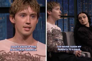 Troye Sivan and Charli XCX on a talk show; both are dressed casually as they speak, with captions of their conversation