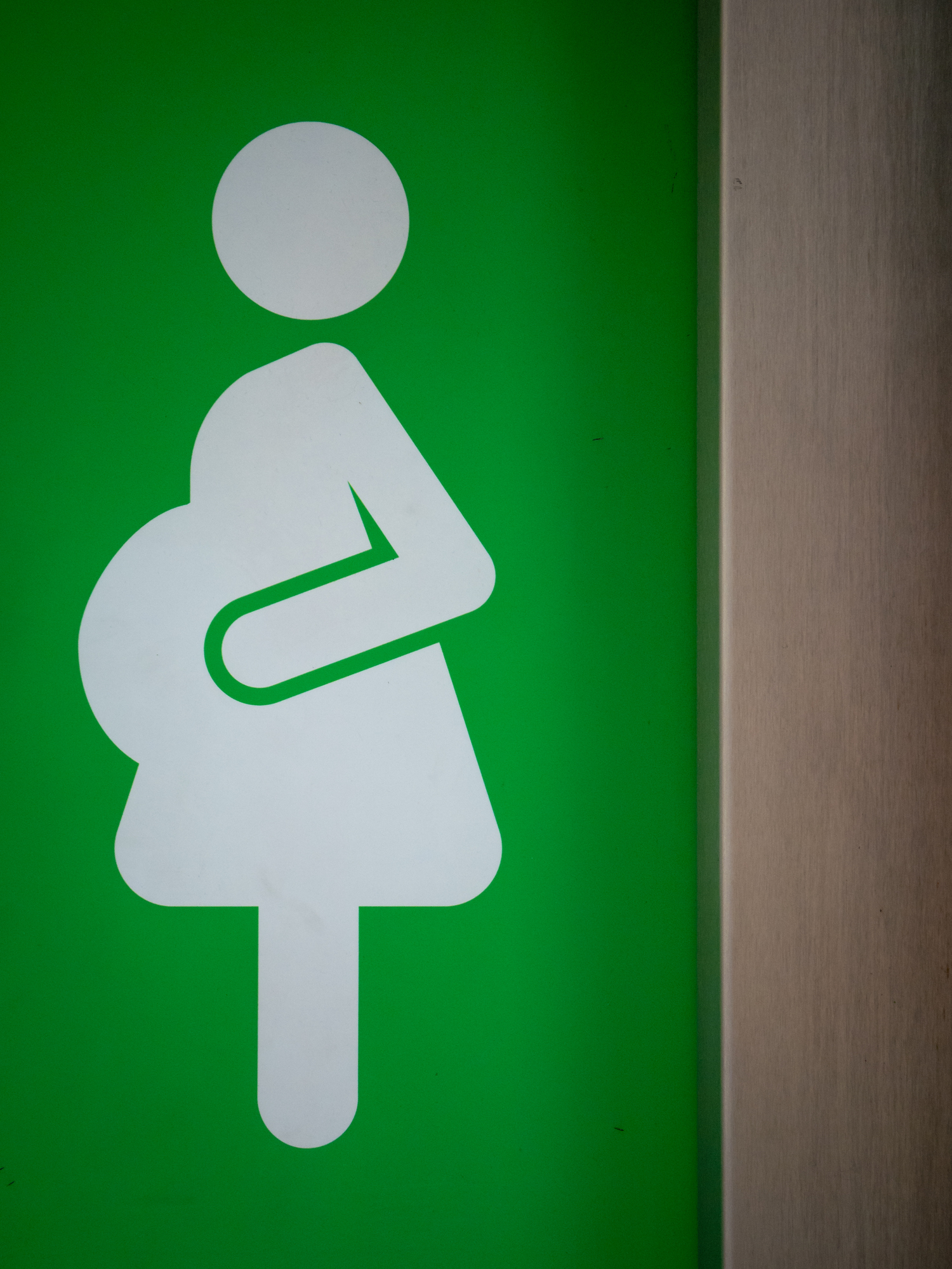 Pregnancy symbol on a restroom sign indicating a facility for expecting mothers
