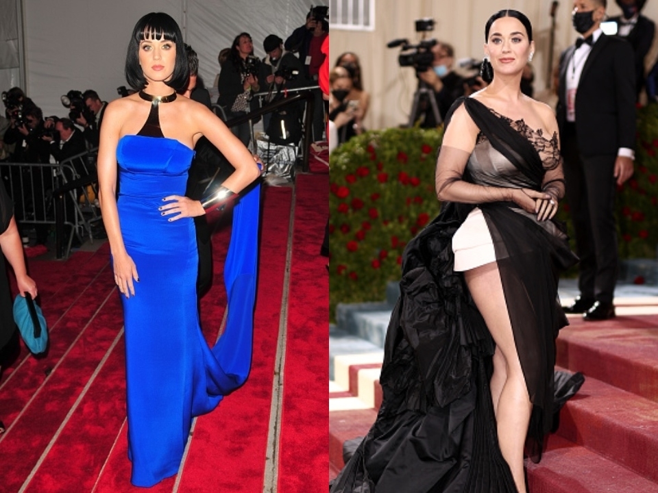 Katy Perry con vestido azul y flequillo en la Met Gala; Dita Von Teese con corsé negro y tulle en un evento de alfombra roja