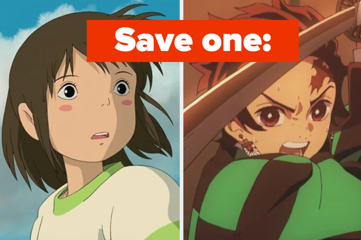 Side-by-side images of Chihiro from "Spirited Away" and Tanjiro from "Demon Slayer" with text "Save one:" above them