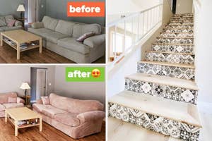 Before and after images of a living room and staircase, showing updated furniture and decorative stair decals