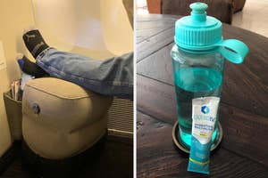 Two images: Left shows a person's feet up on an ottoman, right displays a water bottle next to a hydration supplement packet