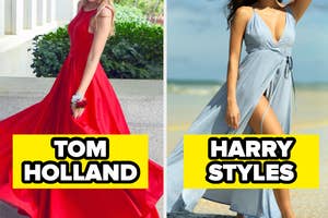 Two side-by-side images: Left shows a person in an elegant red gown, right a person in a casual, stylish dress. Names "Tom Holland" and "Harry Styles" are overlaid