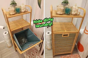 reviewer's wooden hamper and storage shelf open to show laundry / same shelf closed hiding laundry