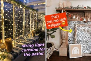 Patio with string light curtains and living room with peel-and-stick wallpaper, ideal for home decor