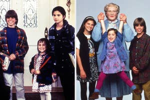 Split image of the cast of "Mrs. Doubtfire" before and after the father's transformation into Mrs. Doubtfire