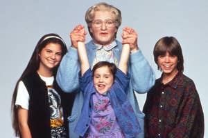 Two side-by-side photos: Left, three adults smiling; right, Mrs. Doubtfire with two kids