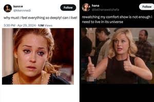 Two side-by-side tweets with reaction images; left shows a teary woman, right a woman giving thumbs up in a diner