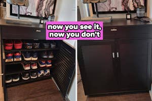 reviewer's open shoe cabinet full of shoes / same cabinet closed