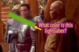 Mace Windu is holding up a blurred-out lightsaber with the text, "What color is this lightsaber?"