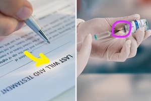 Split image: Left - hand filling out a will, right - vial being drawn into syringe