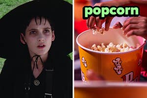 On the left, Lydia from Beetlejuice in a wide-brimmed hat, and on the right, hands reaching into a bucket of movie theater popcorn