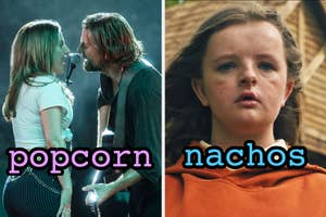 On the left, Lady Gaga and Bradley Cooper singing as Ally and Jackson in A Star Is Born labeled popcorn, and on the right, Milly Shapiro as Charlie in Hereditary labeled nachos