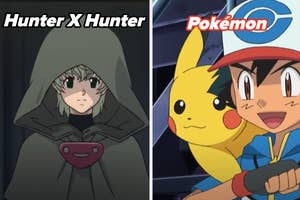 Split image: On the left is Komugi from Hunter X Hunter wearing a cloak; on the right, Ash and Pikachu from Pokémon