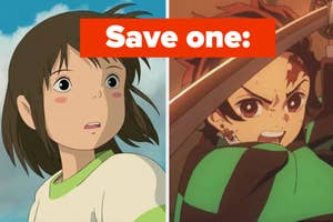 Side-by-side images of Chihiro from "Spirited Away" and Tanjiro from "Demon Slayer" with text "Save one:" above them