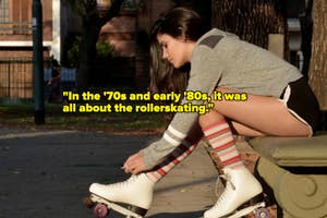 Woman in vintage attire lacing up roller skates, evoking '70s-'80s nostalgia