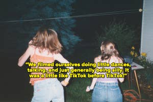Three people facing away, dancing in a backyard, with a quote about filming dances, pre-TikTok era