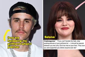 a closeup of Justin Bieber vs a closeup of Selena Gomez
